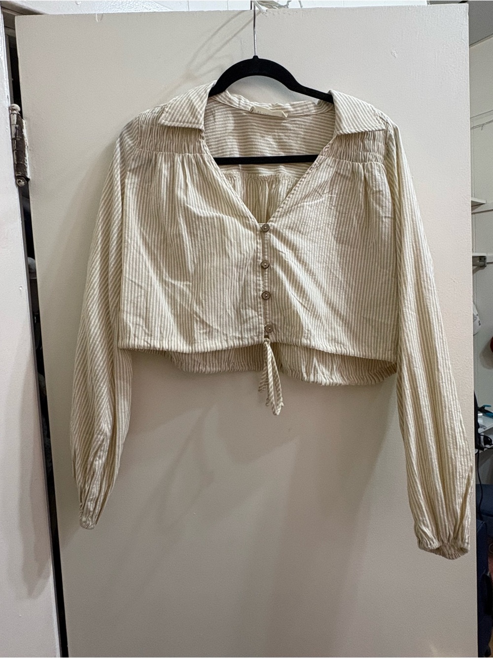 By Together Cropped Button-Front Stripe Blouse in Cream and Beige
